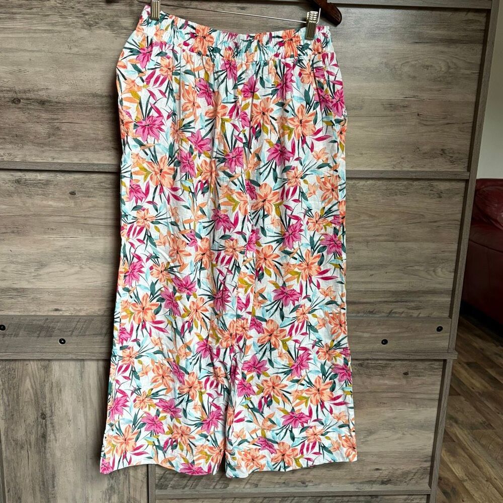 Jessica Simpson Tropical Floral Linen Wide Leg Pants Boho Preppy Artsy Classy
